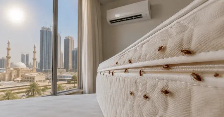A close-up view of a white tufted mattress seam covered in crawling bed bugs inside a room, with a large window showing a harsh, sunlit Sharjah skyline, skyscrapers, and a mosque.