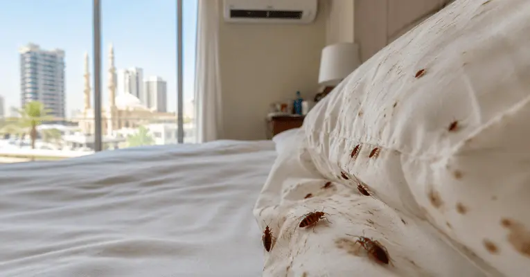 A close-up view of multiple brown bed bugs crawling on a white pillow and bed sheet in an air-conditioned hotel room, with a blurred view of the Sharjah city skyline and a mosque outside the window.
