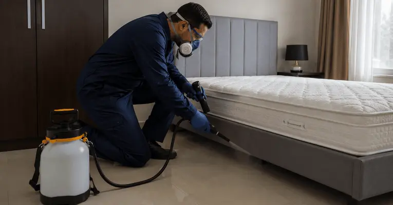 A professional pest control technician wearing a dark grey Rentokil Initial uniform, safety goggles, a respirator mask, and blue gloves kneels next to a bed. He uses a professional steaming wand connected to a stainless steel Initial machine to treat the side seams of a white mattress.
