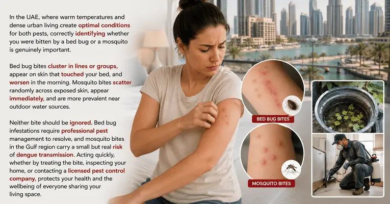 An informational graphic about identifying whether you were bitten by a bed bug or a mosquito in the UAE, featuring a woman scratching her arm with Sharjah City in the background.