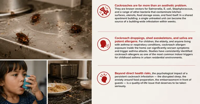 An informational infographic detailing the health risks of ignoring a cockroach infestation, including bacterial contamination like Salmonella, respiratory allergies, asthma triggers, and psychological impacts.