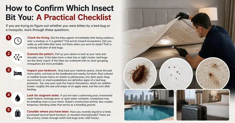 An infographic titled How to Confirm Which Insect Bit You: A Practical Checklist, featuring a 5-step guide covering timing, bite patterns, bedroom inspections, stagnant water, and travel history.