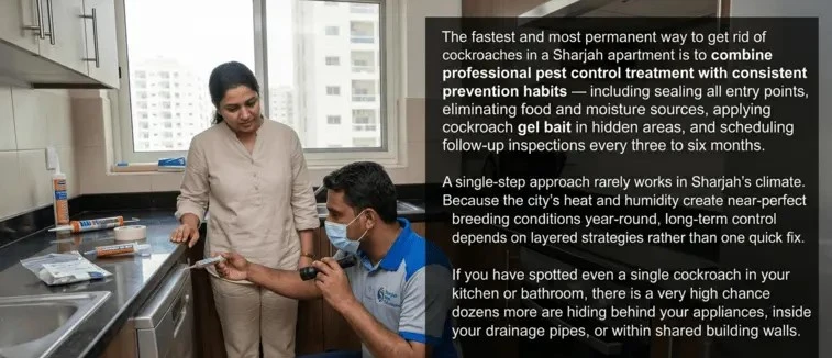 A pest control specialist with a flashlight explains kitchen baiting techniques to a homeowner, highlighting how to get rid of cockroaches in a Sharjah apartment permanently.