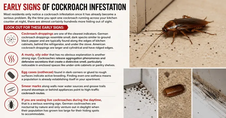 Close-up of a live reddish-brown German cockroach on a kitchen floor next to small, dark, pepper-like droppings, helping homeowners learn how to identify a cockroach infestation before it gets out of control.